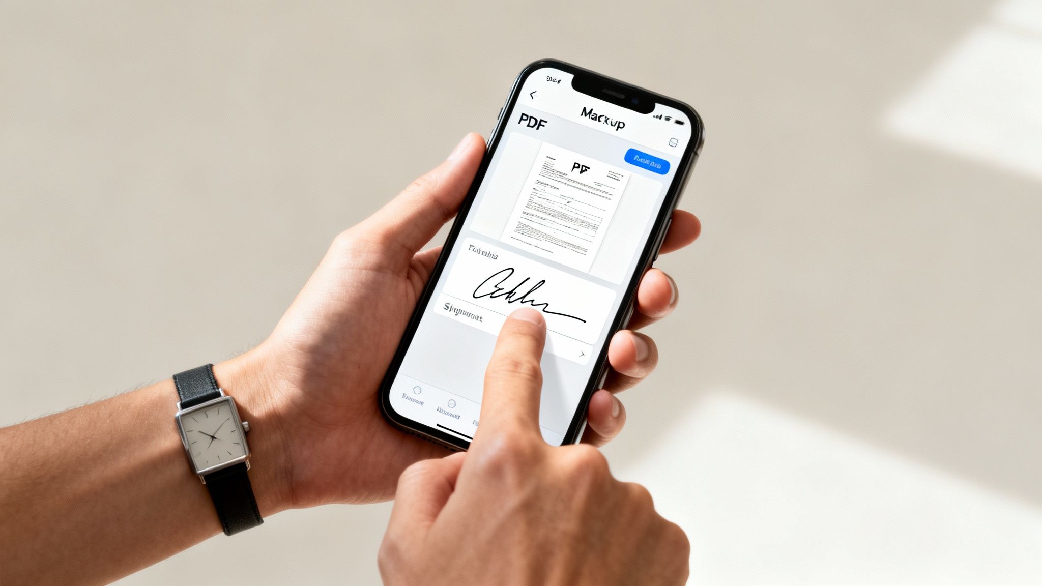 A person's hands using a smartphone to digitally sign a PDF document, showing a watch.