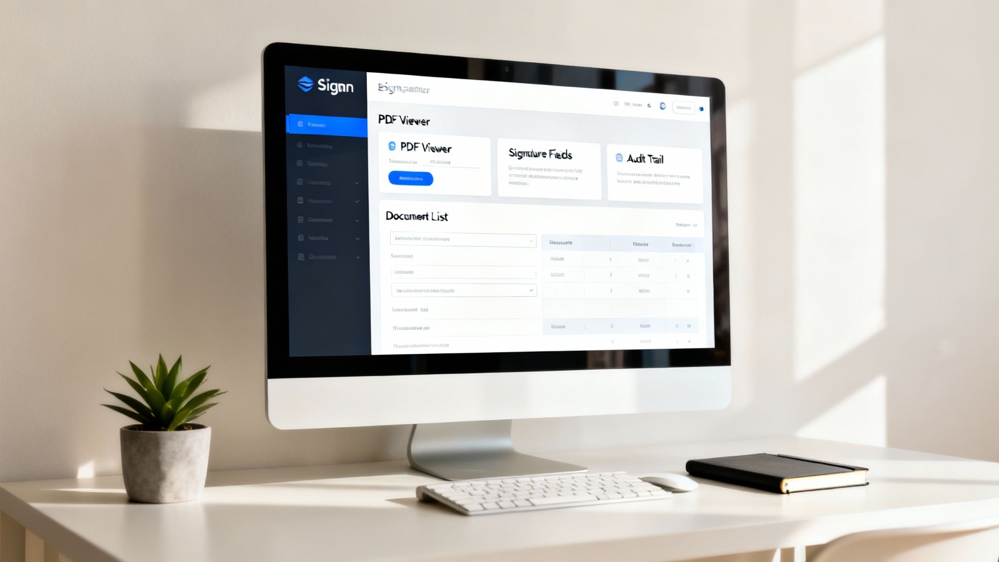 A desktop computer displays a Signn software interface with document management features, including a PDF viewer and signature fields.