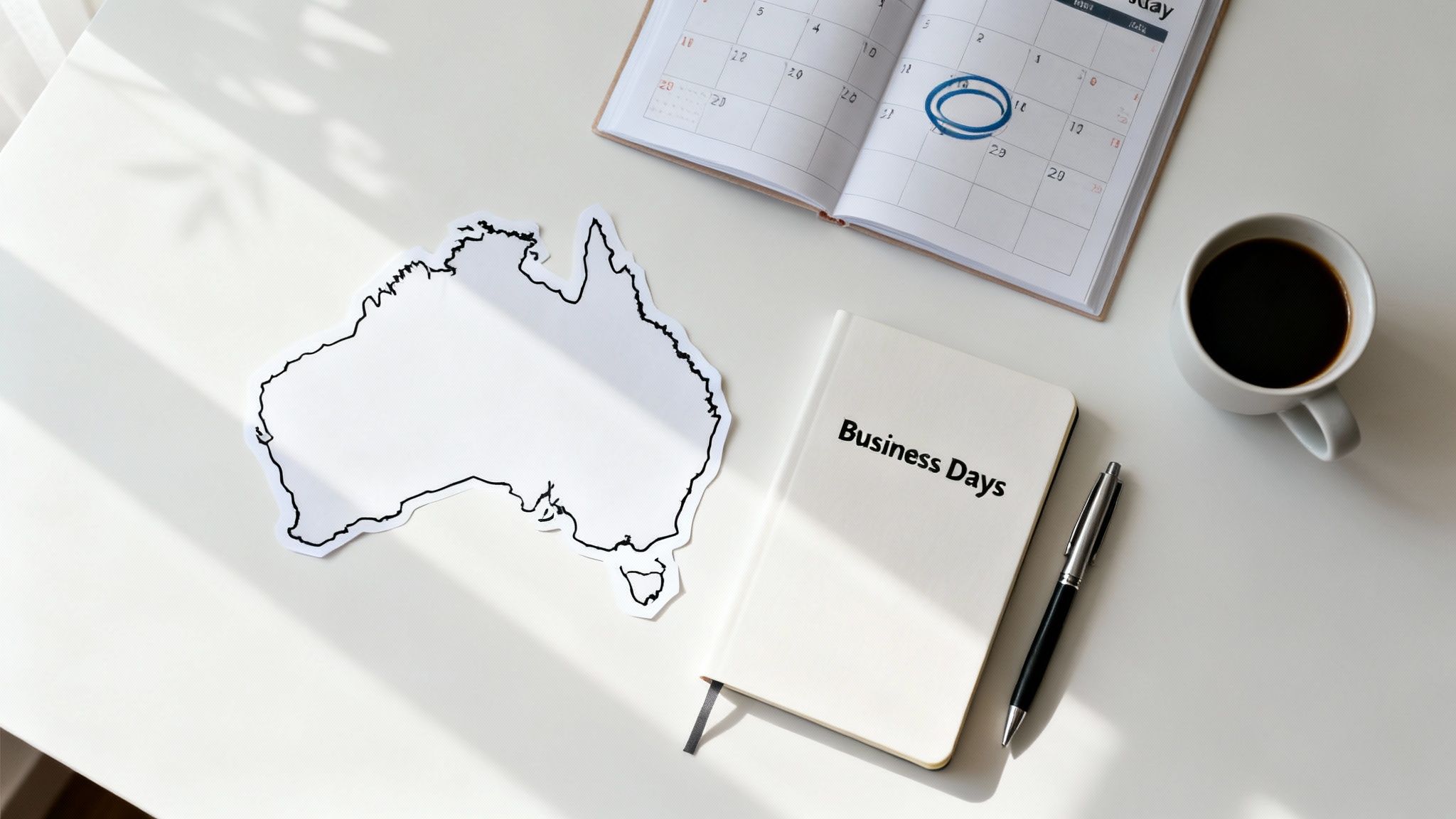 Flat lay of a desk with an Australia map, a calendar, 'Business Days' notebook, pen, and coffee.