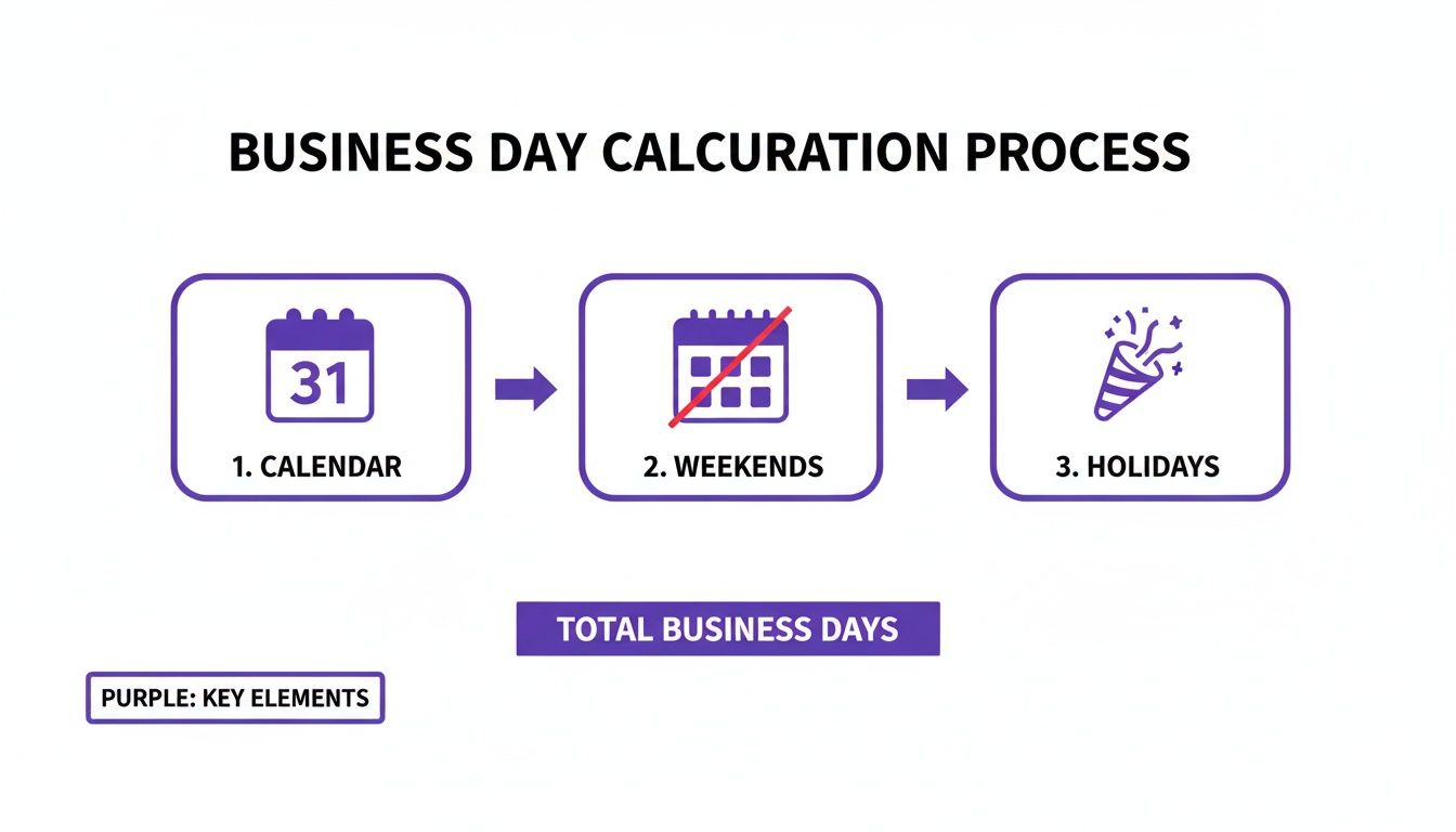 A flowchart showing the business day calculation process, starting with a calendar, then removing weekends, and finally holidays, to determine total business days.