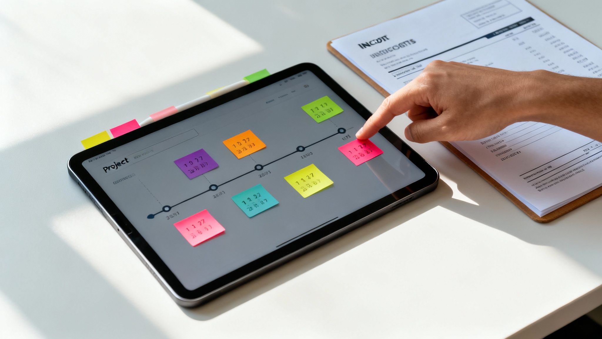 A person's hand touches a tablet displaying a colorful project timeline with sticky notes, next to a document.
