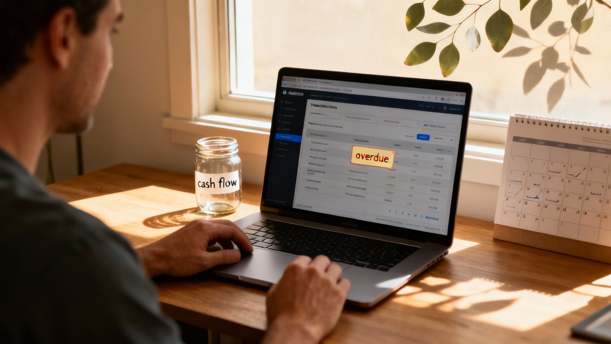 A person reviews financial data on a laptop, with a jar labeled 'cash flow' nearby.