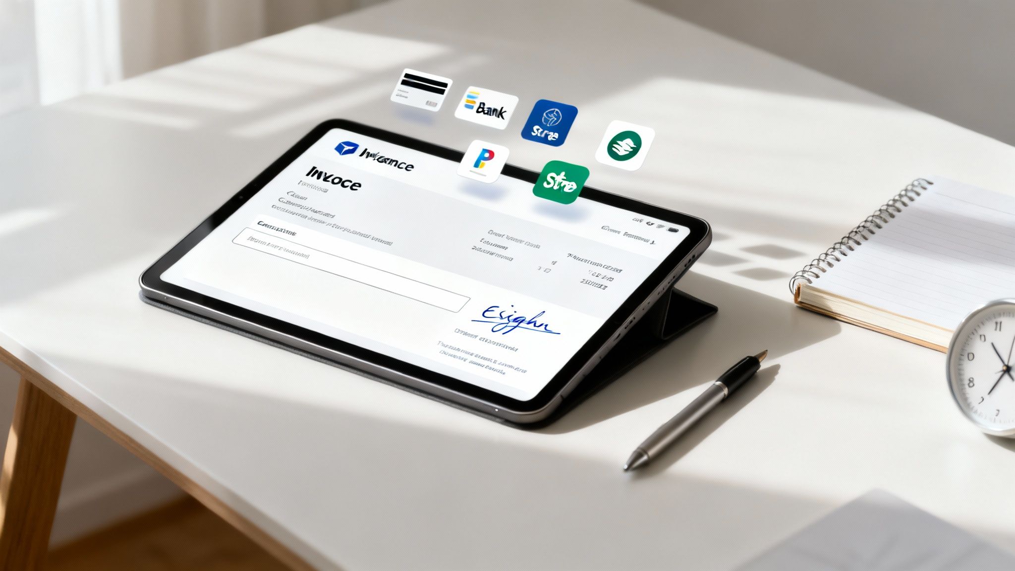 Tablet showing a digital invoice with various payment method icons floating above a desk.