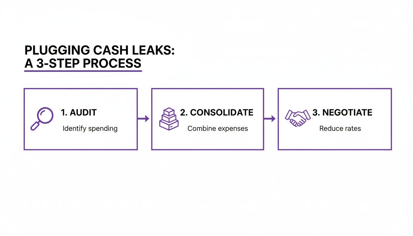 A three-step process for plugging cash leaks: audit, consolidate, and negotiate expenses.
