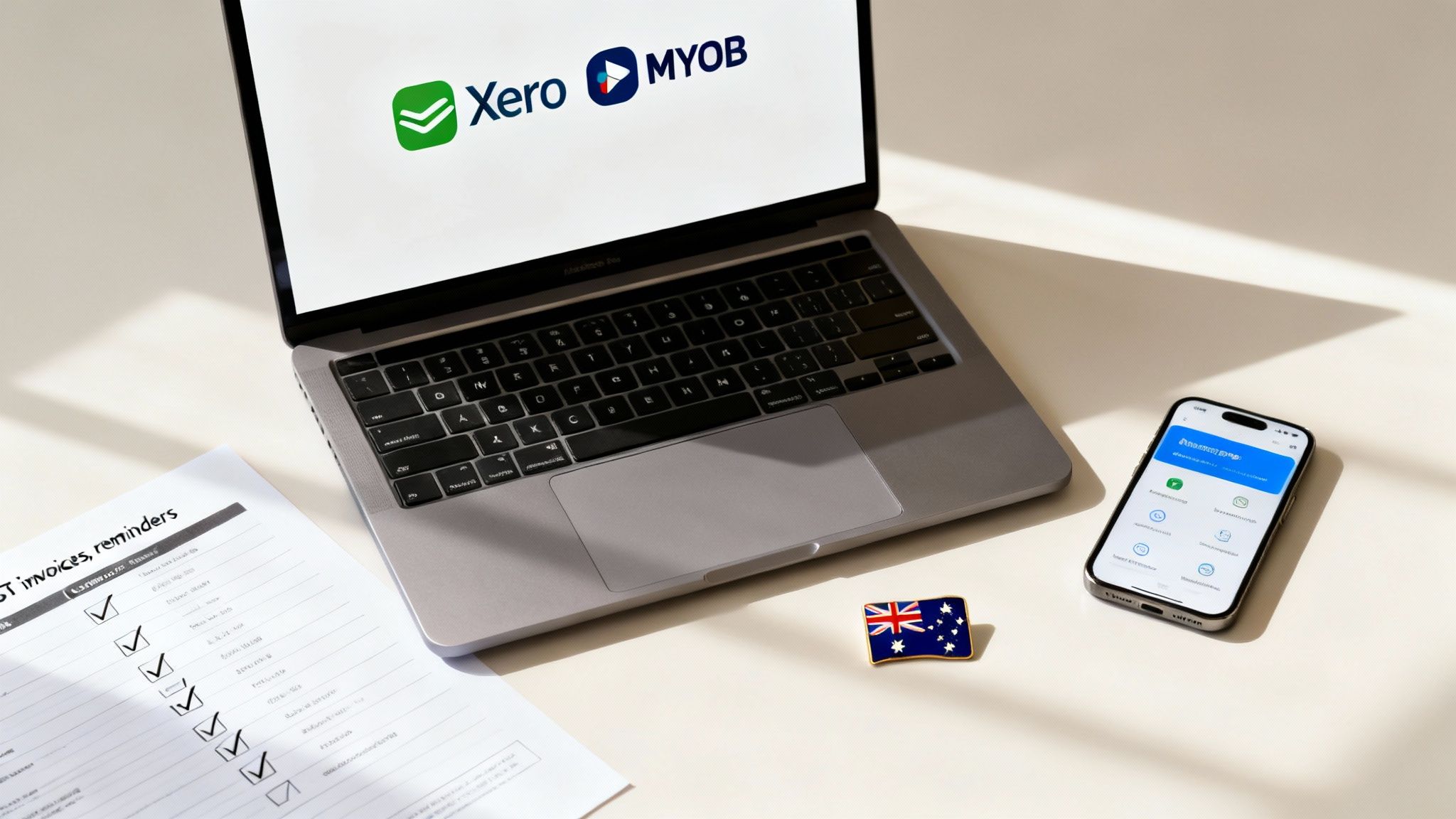 Laptop displaying Xero and MYOB logos next to a smartphone, checklist, and Australian flag.