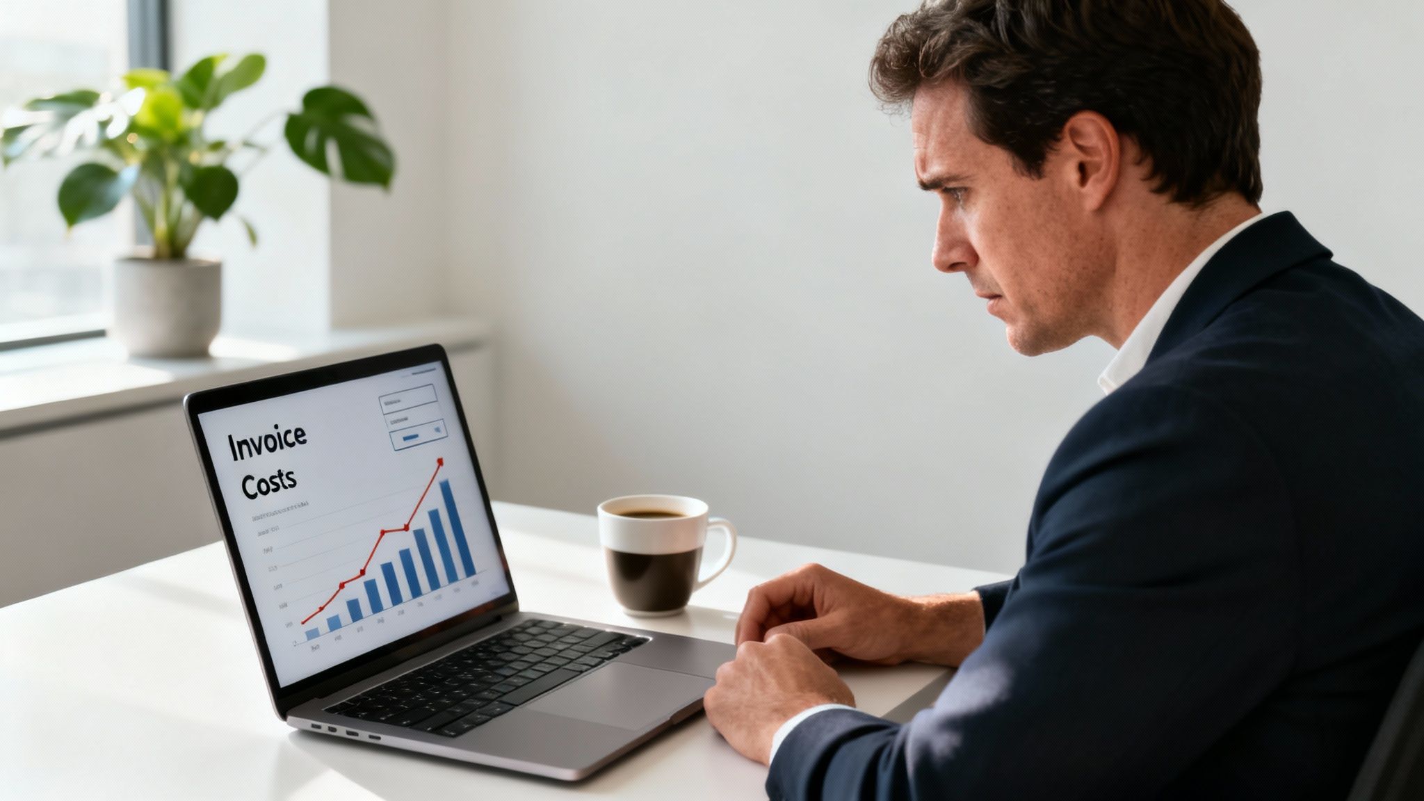 A serious man reviews an "Invoice Costs" graph on his laptop with increasing trends.