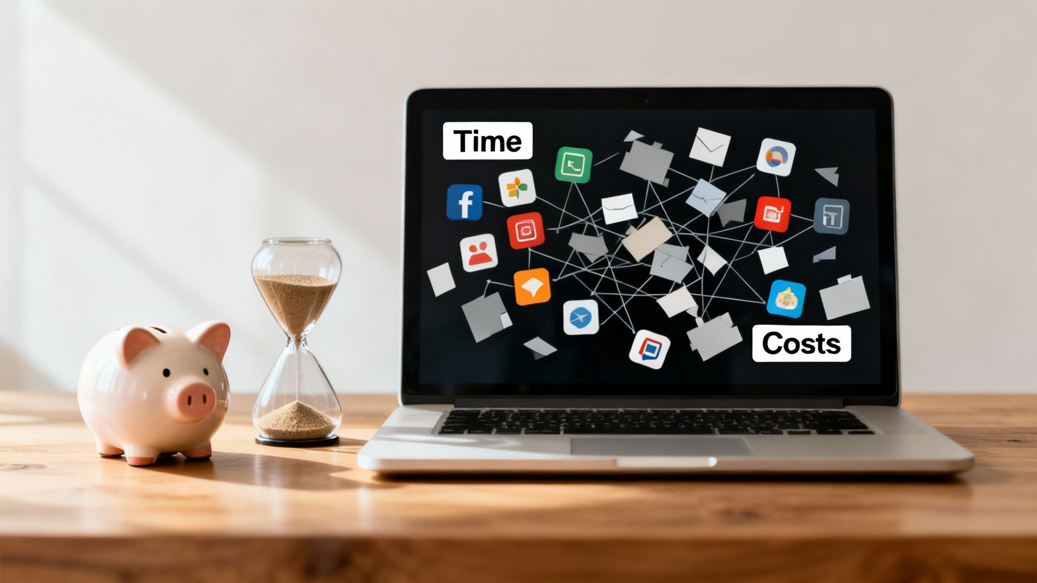 A piggy bank, hourglass, and laptop screen showing 'Time', 'Costs', and a network of app icons.