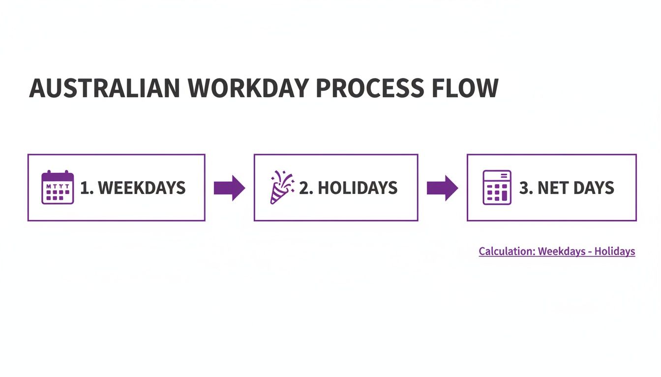 Process flow for calculating Australian net workdays: Weekdays minus Holidays equals Net Days, illustrated with icons.