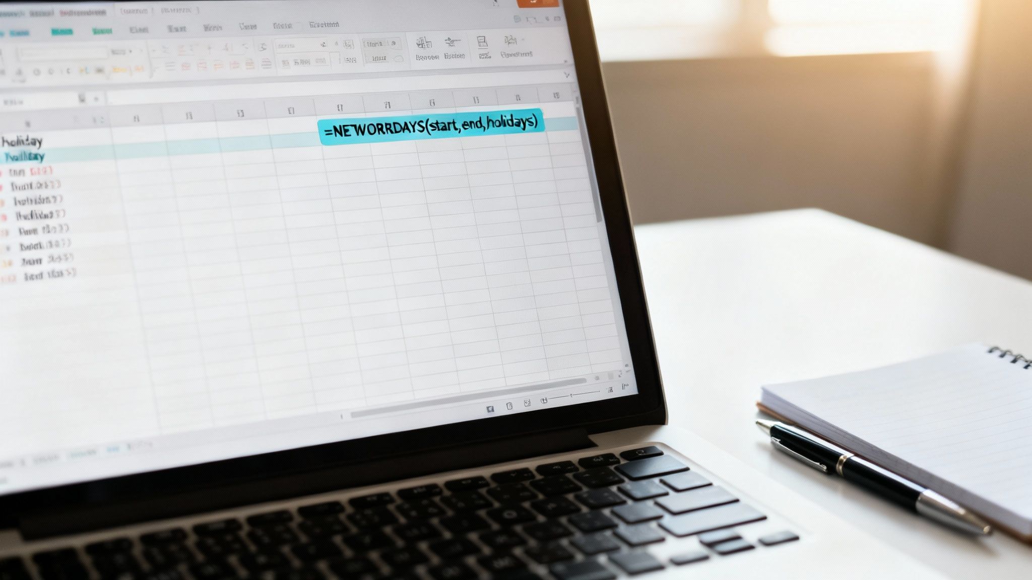 A laptop screen displays a spreadsheet with the NETWORKDAYS formula, alongside a notebook and pen on a desk.