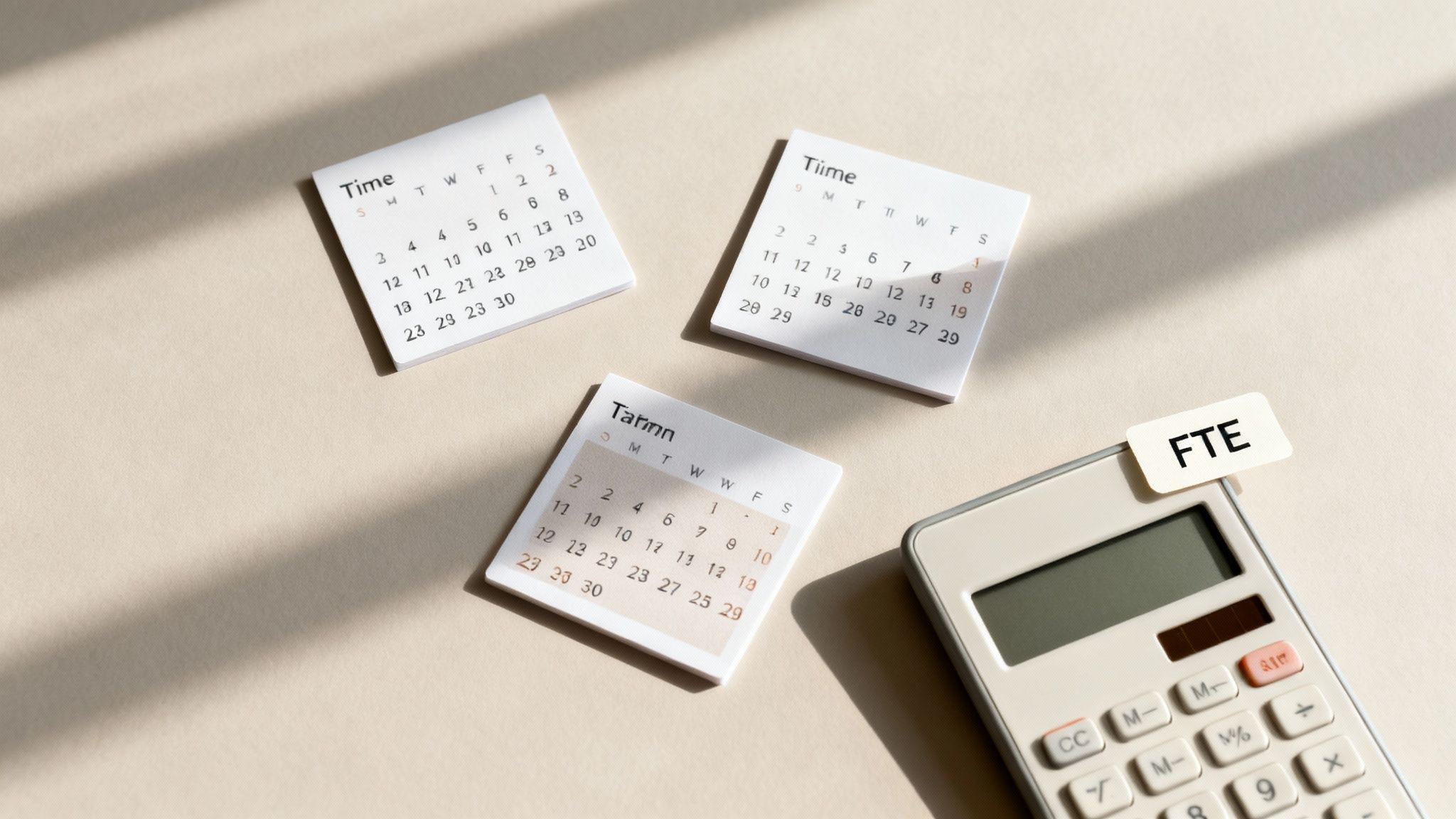 Three small calendars and a calculator with an "FTE" label on a light-colored desk.