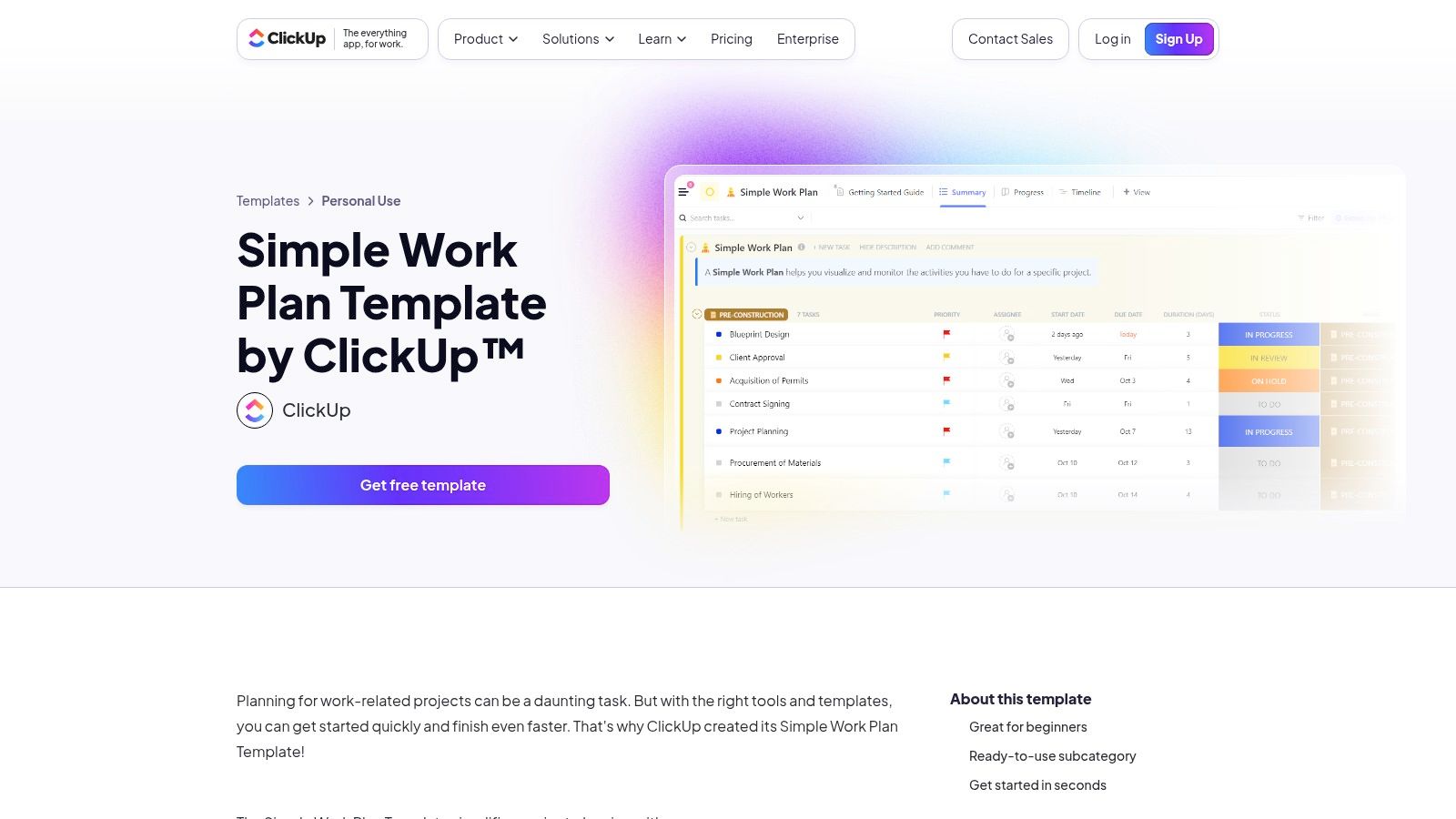 ClickUp's work plan template showing various views like Summary, Timeline, and Progress.