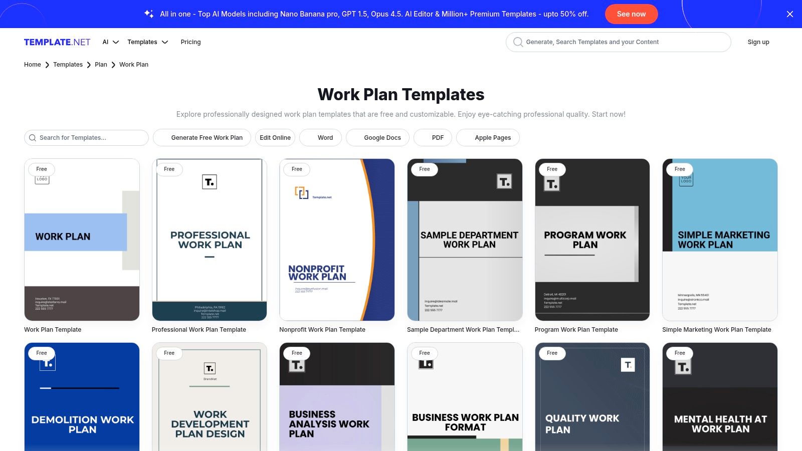 A collage of various work plan templates available on Template.net, showing different layouts and designs.