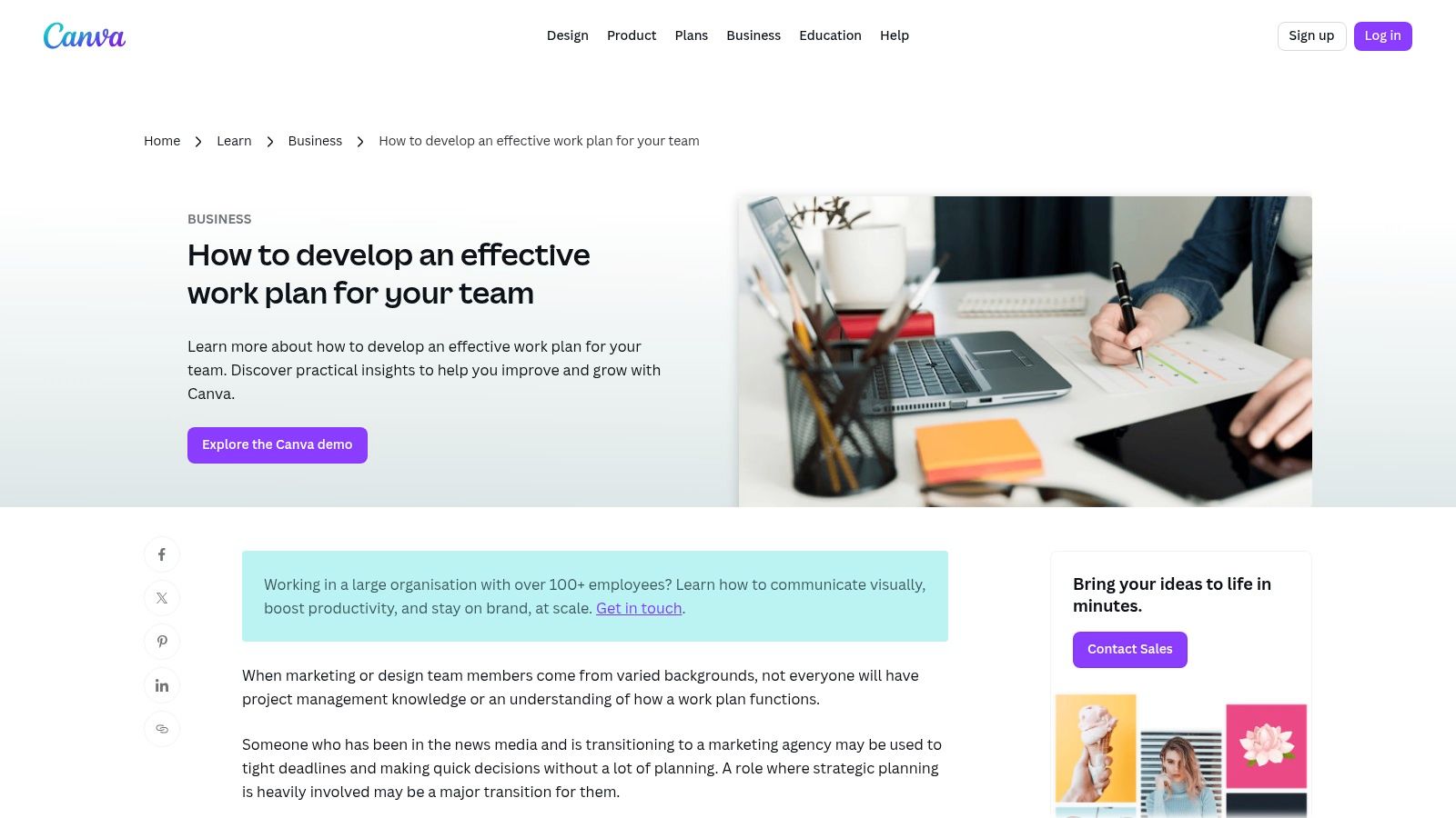 A visually appealing work plan template created in Canva, showing sections for project goals and timelines.
