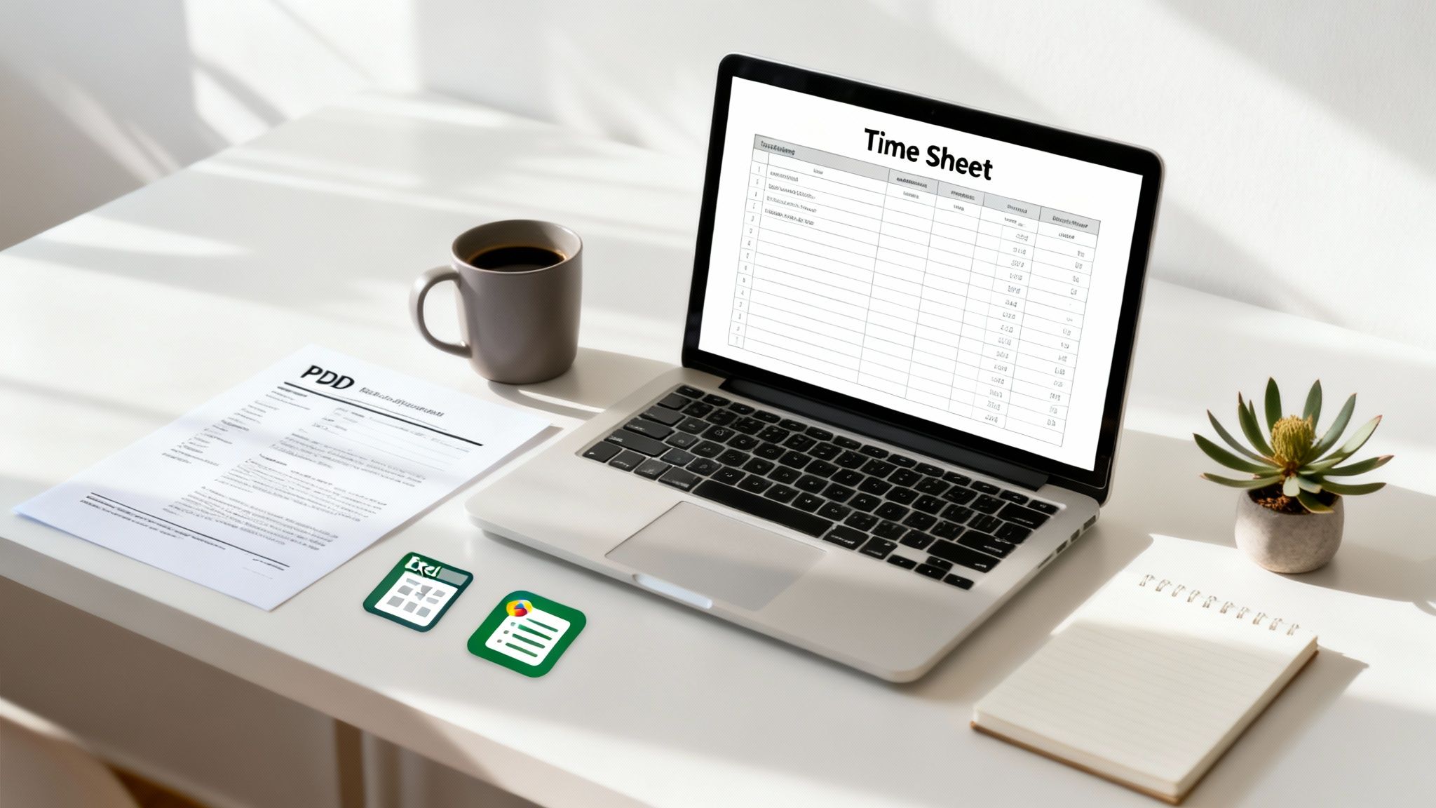 A laptop displaying a time sheet document, alongside coffee, papers, and a plant on a white desk.