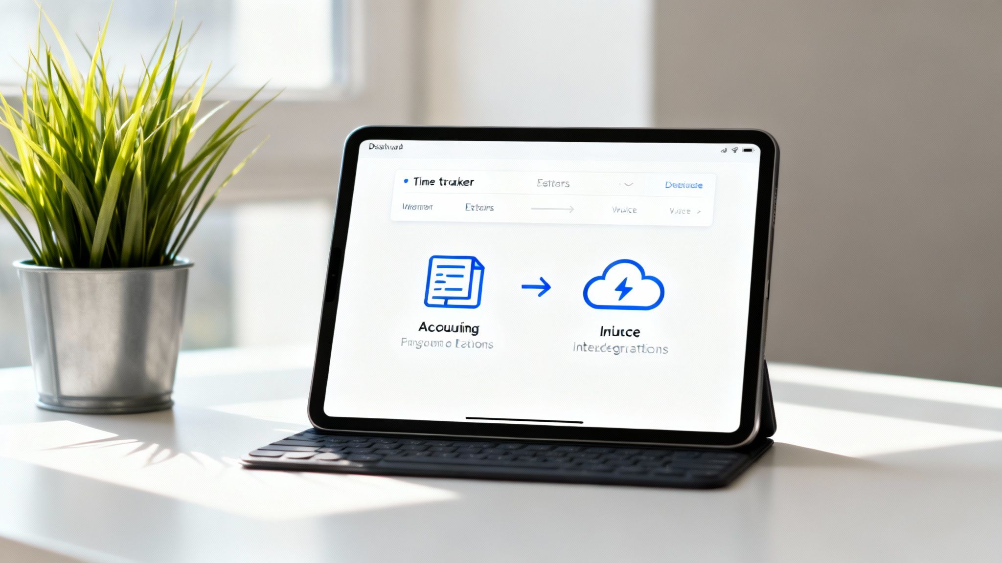 A tablet on a desk displaying a time tracking application with accounting and invoice features.