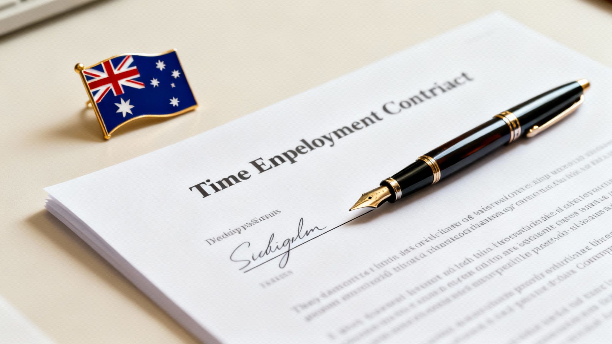 An Australian flag pin next to a 'Time Employment Contract' with a signature and a fountain pen.