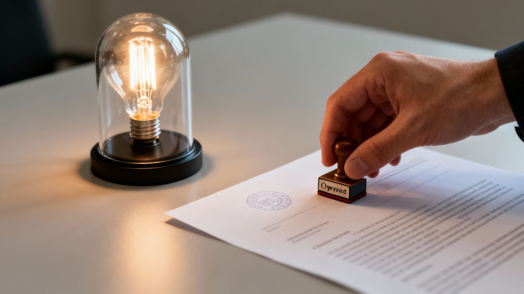 Close-up of a hand stamping a document next to a glowing lightbulb in a glass cloche.
