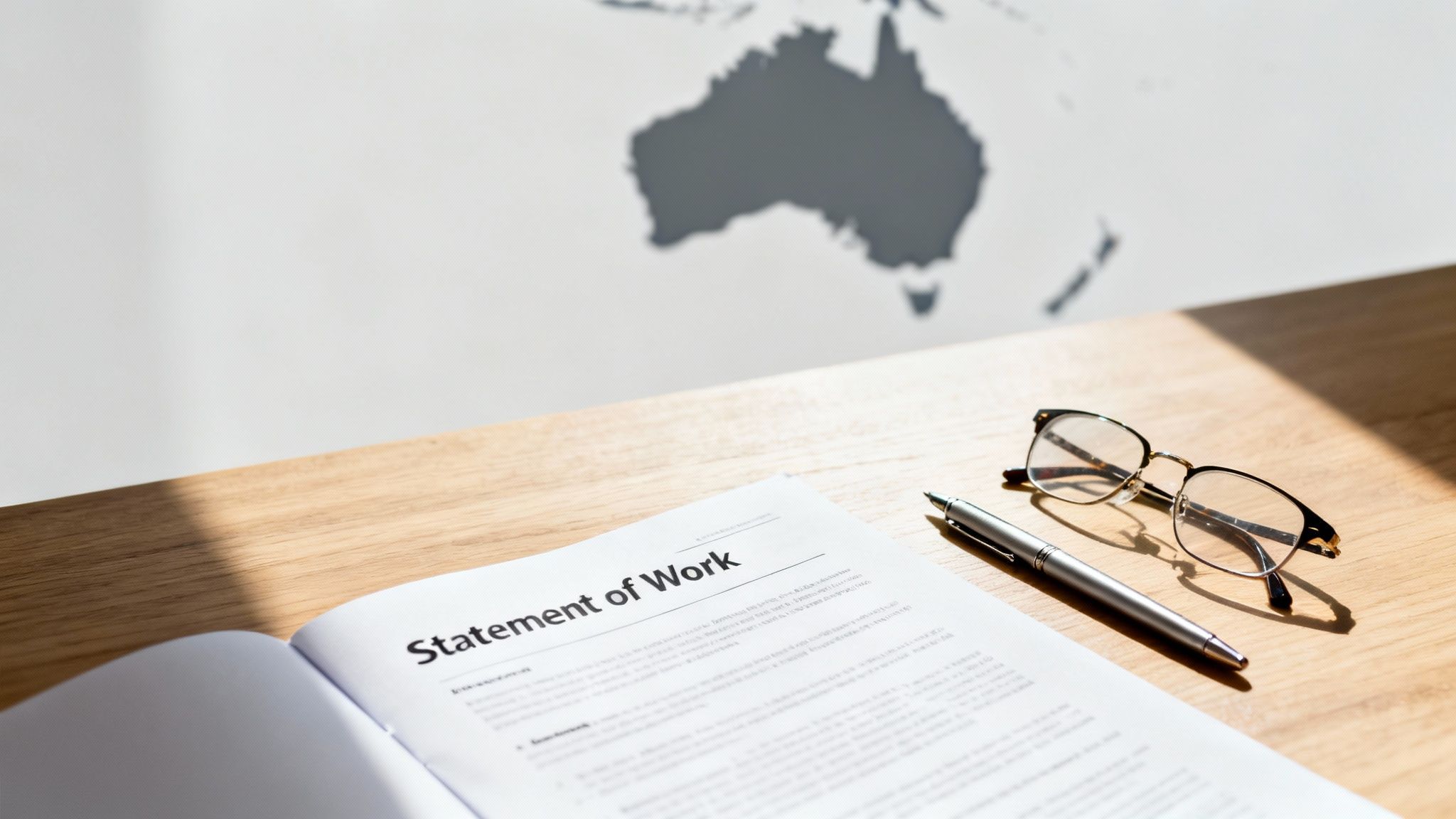 A Statement of Work document, pen, and eyeglasses on a wooden workspace with an Australia map shadow.