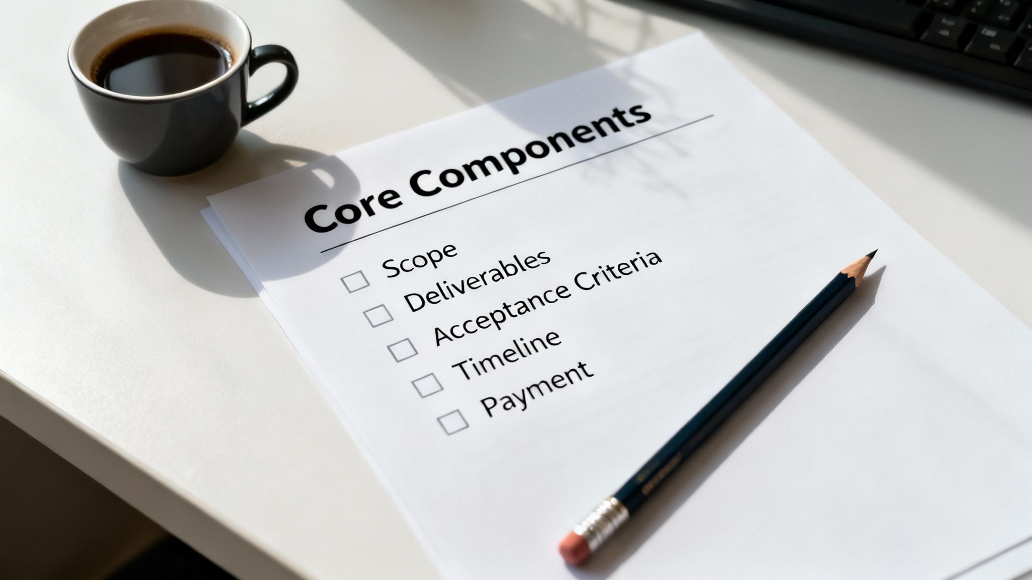Checklist document titled 'Core Components' with project items, coffee cup, and pencil on a white desk.