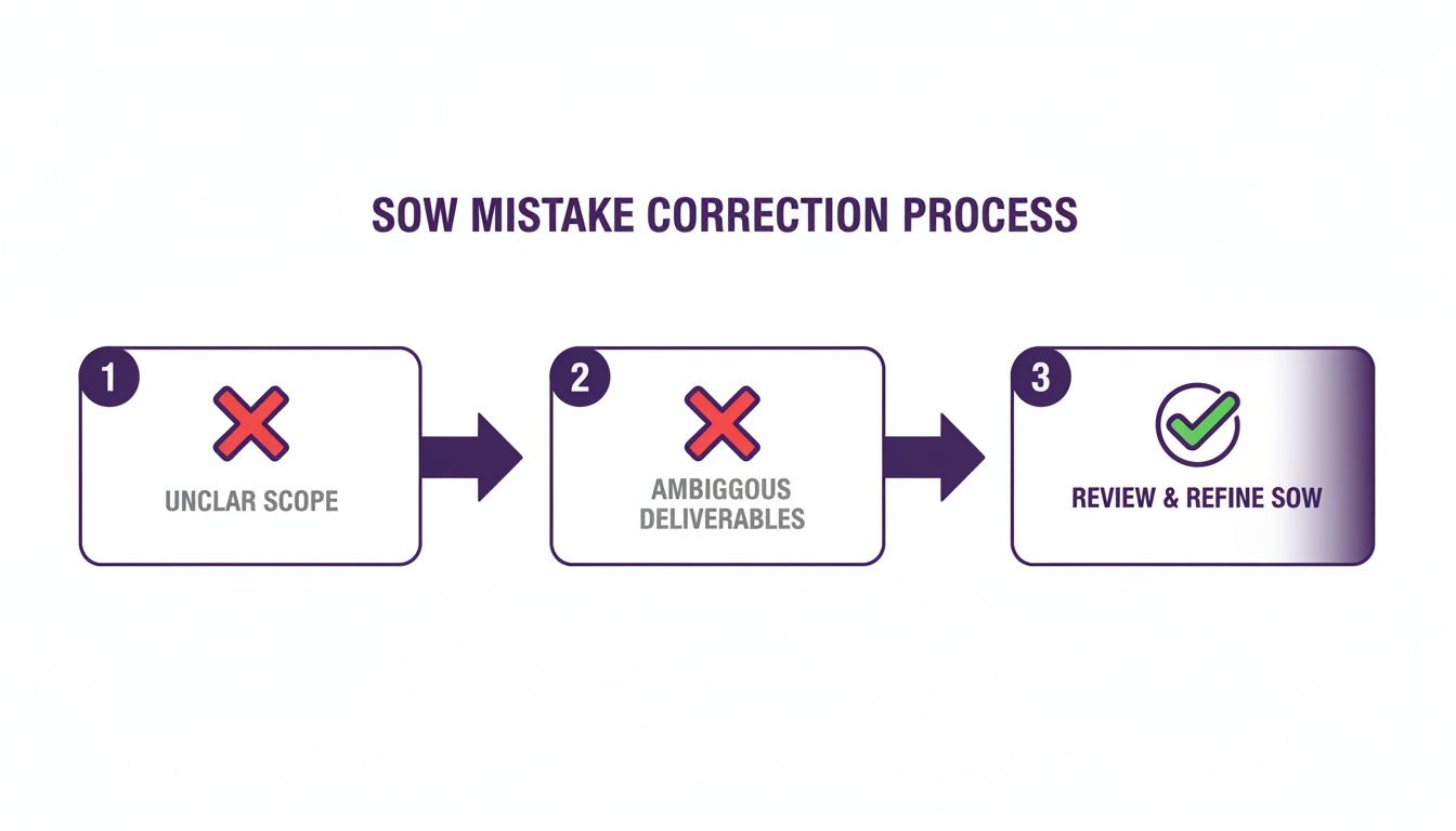 A process diagram for SOW mistake correction, addressing unclear scope, ambiguous deliverables, and refinement.