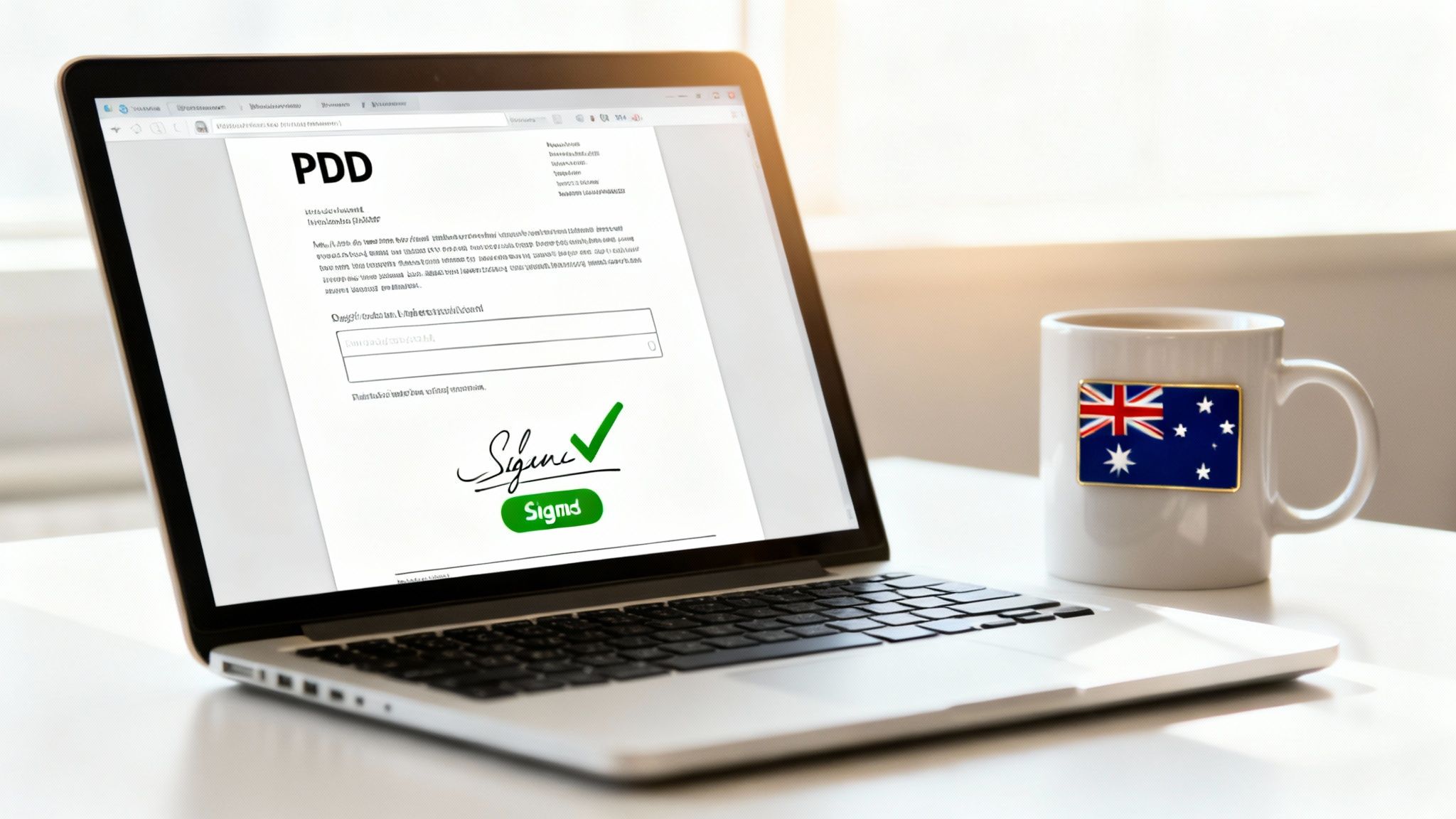 A laptop displays a document with a digital signature, next to a mug with the Australian flag.