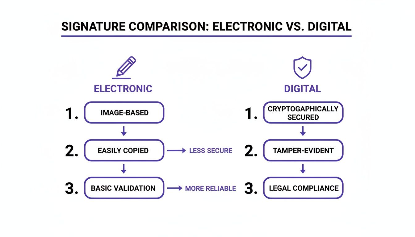 A visual comparison of electronic versus digital signatures, detailing their features, security, and legal aspects.