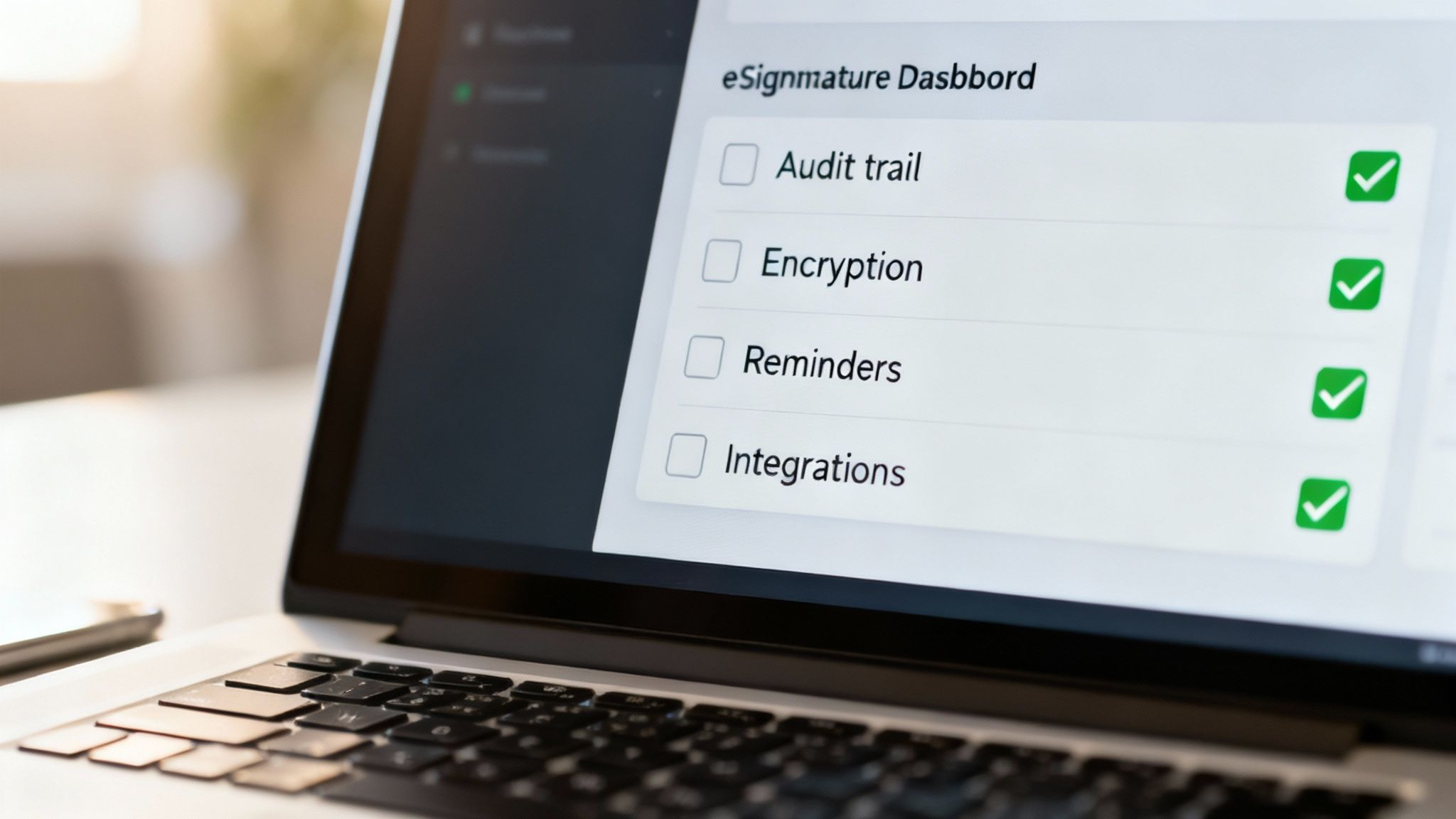 Close-up of a laptop screen displaying an eSignature dashboard with all features checked.