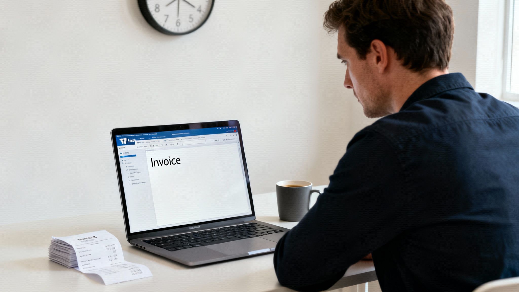 A man working on a laptop, creating an invoice, with receipts and a mug on the desk.