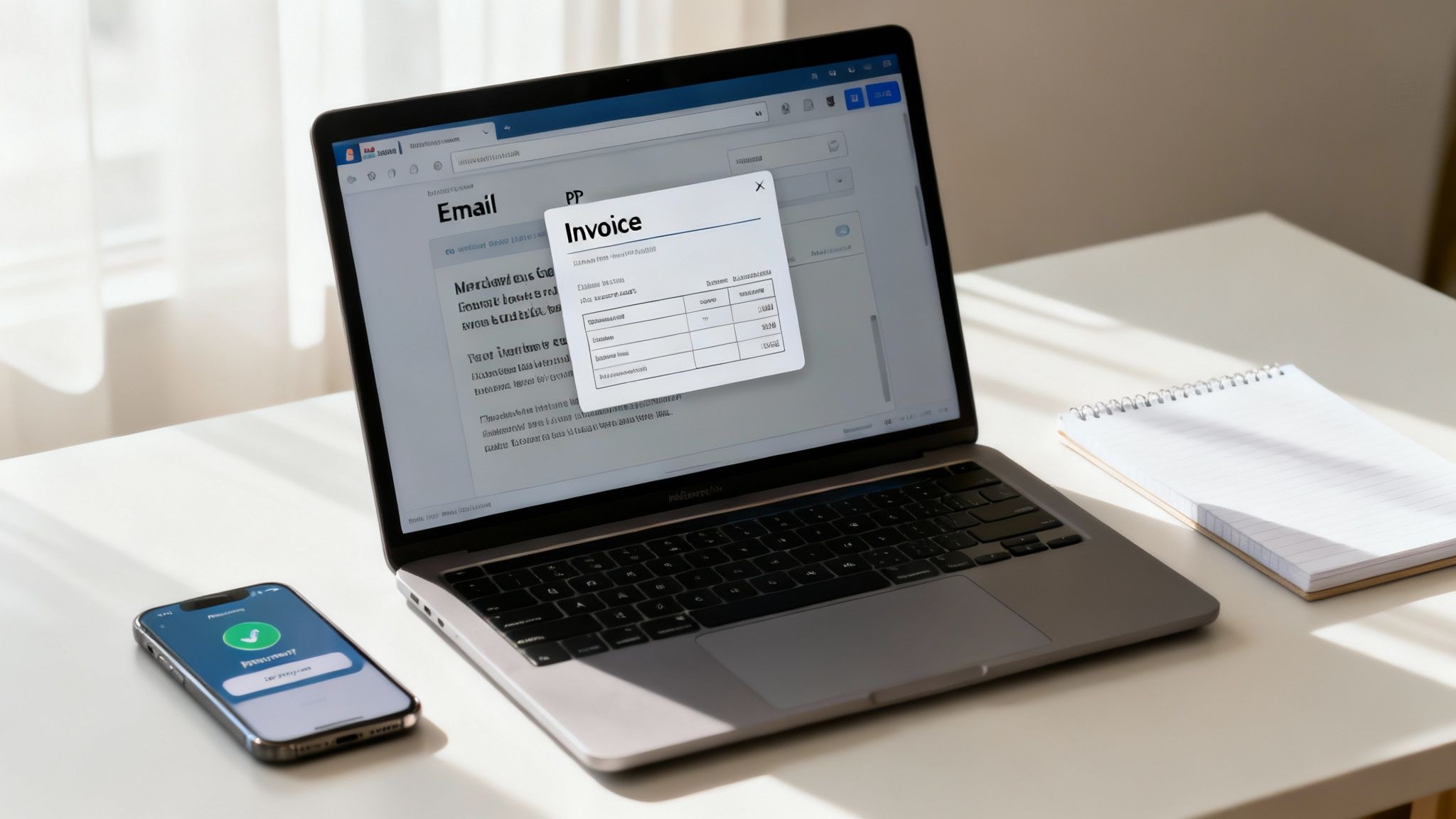 A modern workspace features a laptop displaying an email and an invoice, alongside a smartphone and notebook.