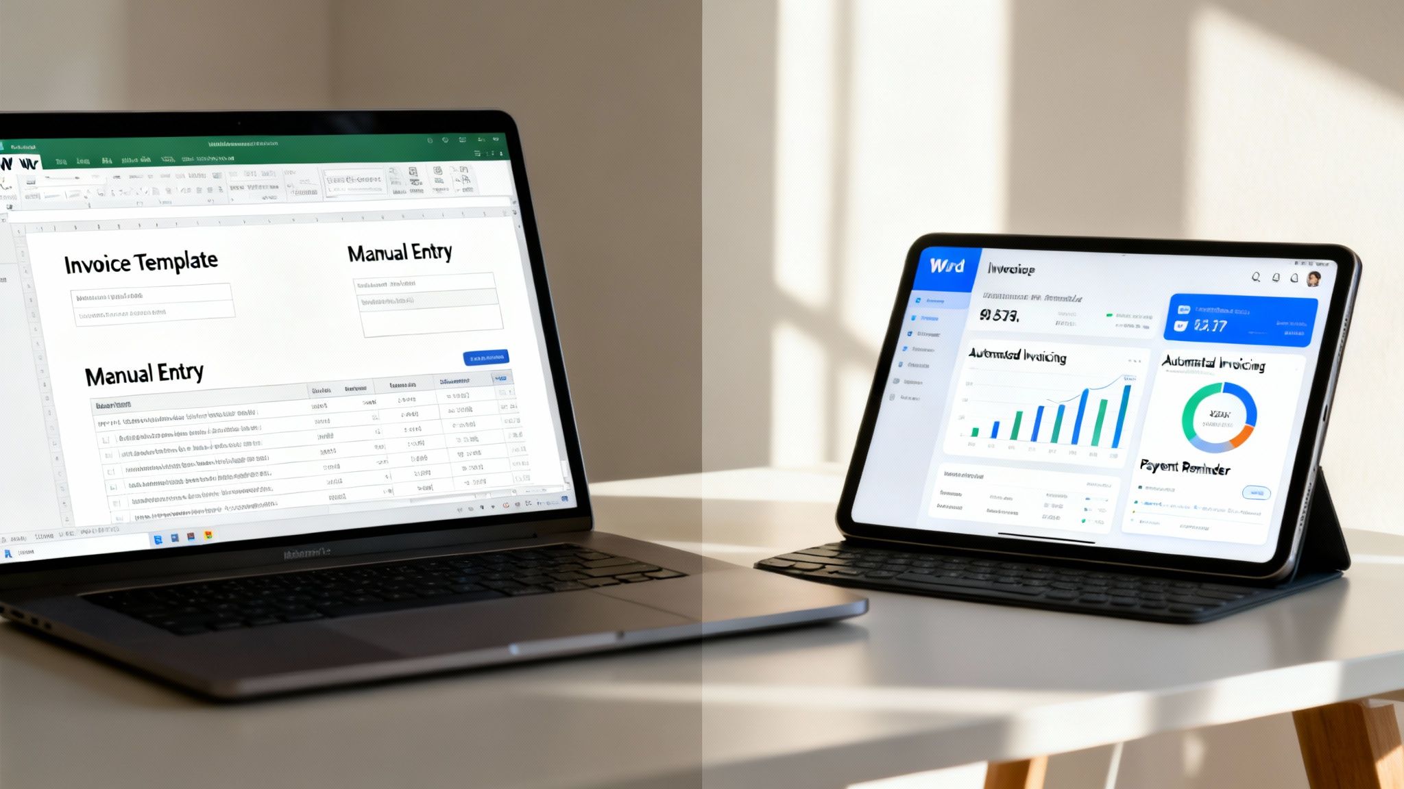Laptop showing an invoice template in a spreadsheet and a tablet displaying an automated invoicing dashboard.