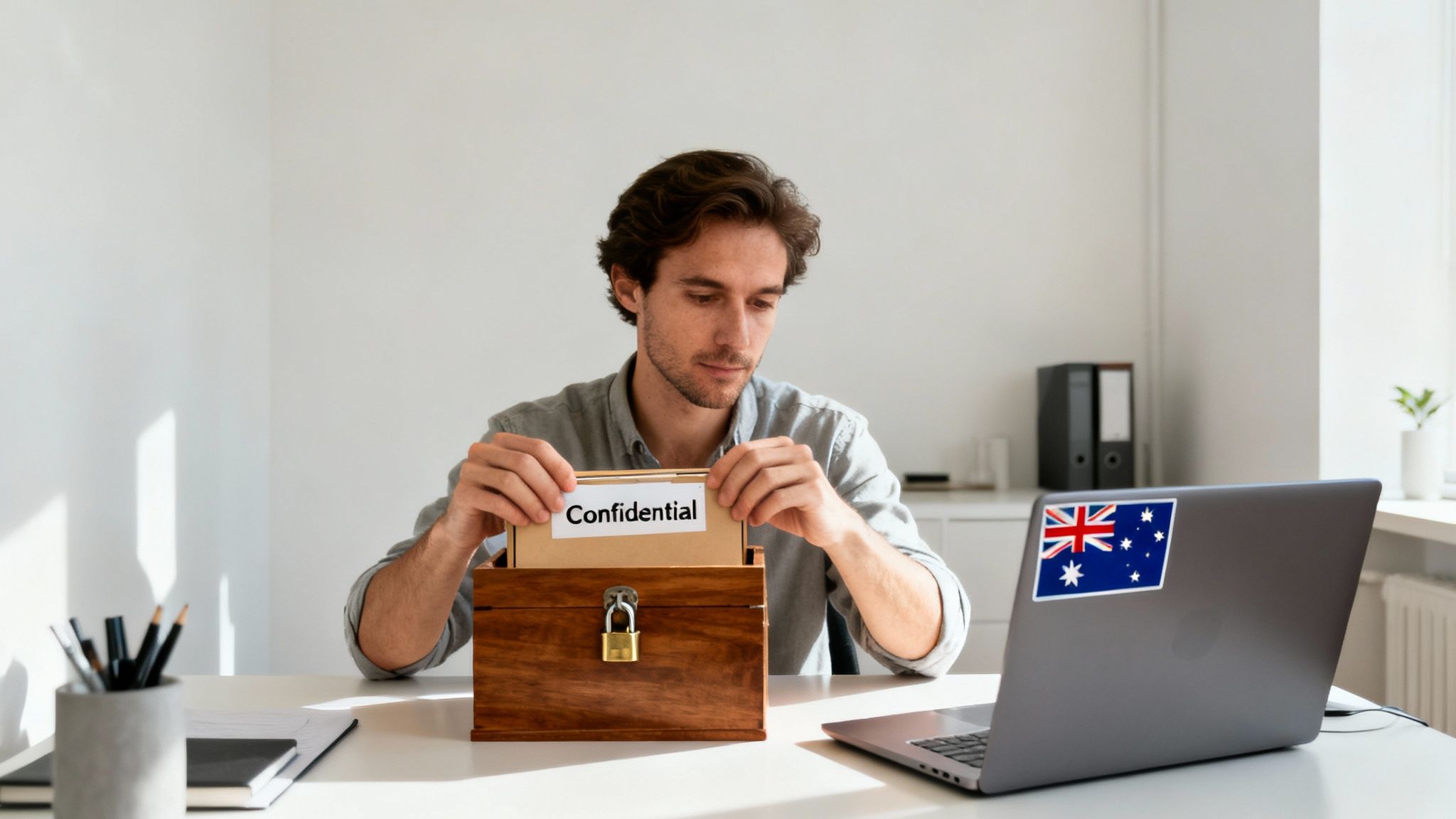Man carefully placing a confidential document into a locked wooden box on a desk with a laptop.