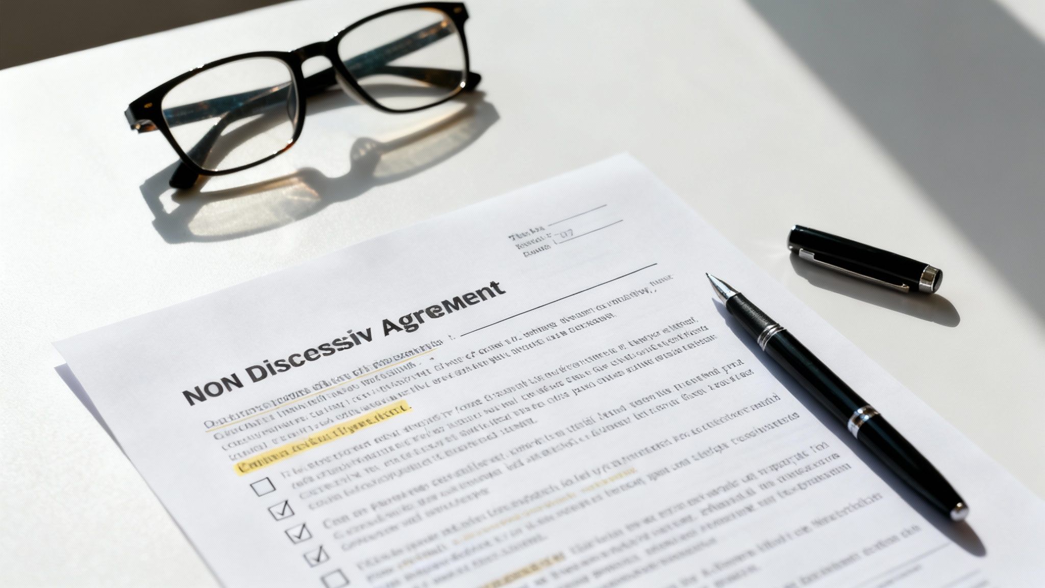 A non-disclosure agreement document on a white table with a black pen and reading glasses.