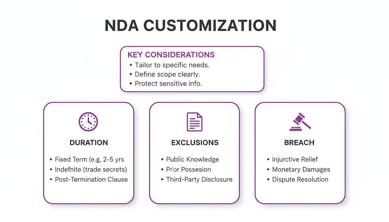 Infographic detailing NDA customization with key considerations, duration, exclusions, and breach terms.