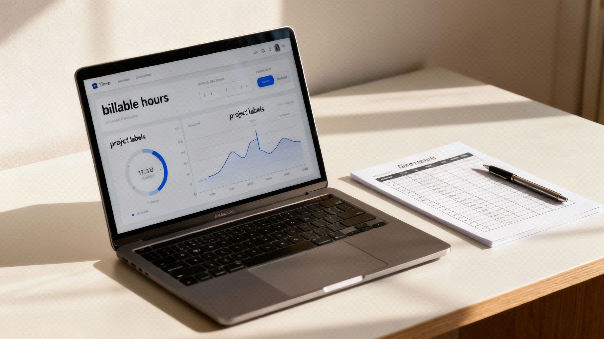 A laptop displays a 'billable hours' dashboard beside a 'Time Tracking' sheet and pen.