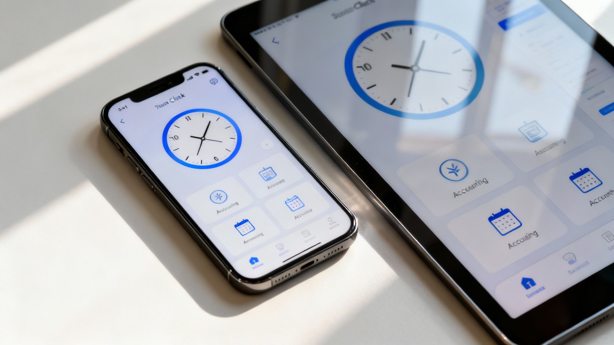 An iPhone and an iPad display an employee time clock application with accounting features on a desk.