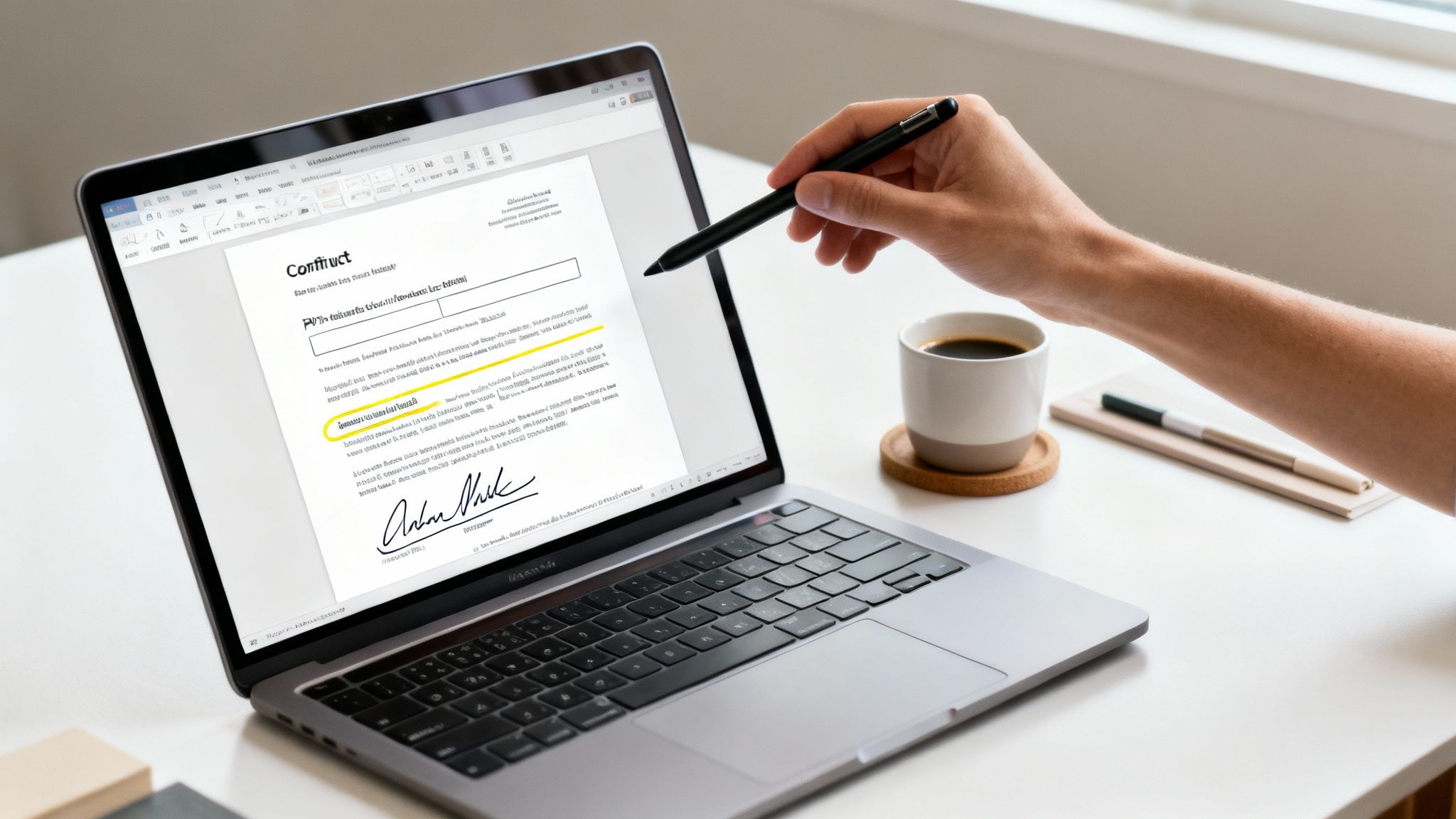 A hand holding a stylus points at a laptop screen displaying an electronic contract with a signature.