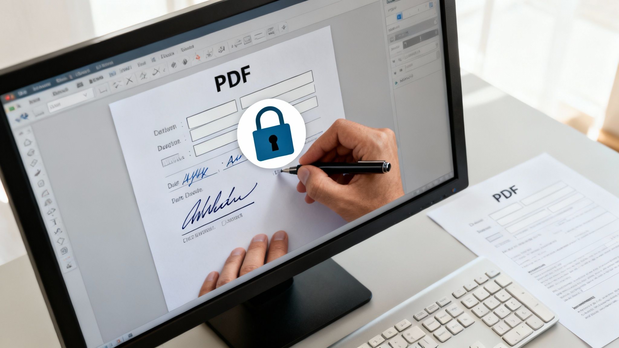 A person's hand electronically signing a secure PDF document on a computer screen with a lock icon.