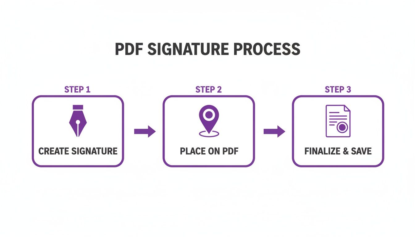 Visual guide illustrating the three-step PDF signature process: create, place, finalize, and save.