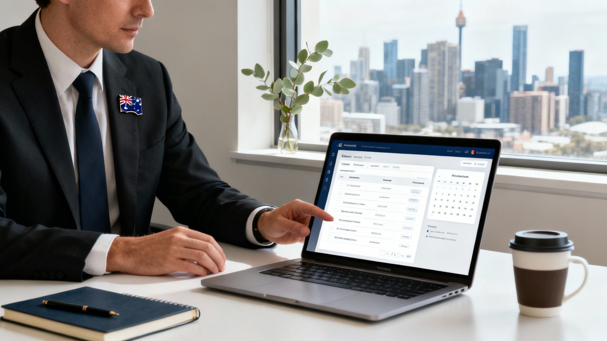 A businessman with an Australian flag pin uses legal practice management software on a laptop in a modern office.