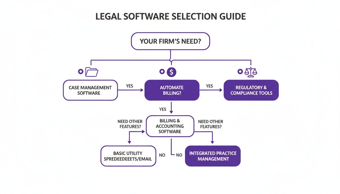 A flowchart titled 'Legal Software Selection Guide' illustrating choices based on firm's needs, from case management to integrated practice.