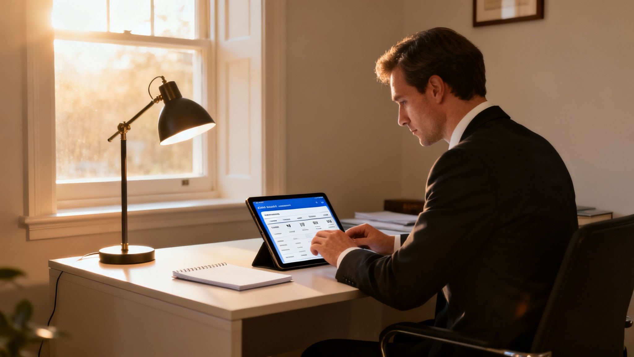 A professional man in a suit uses a tablet with legal practice management software at a sunlit desk.