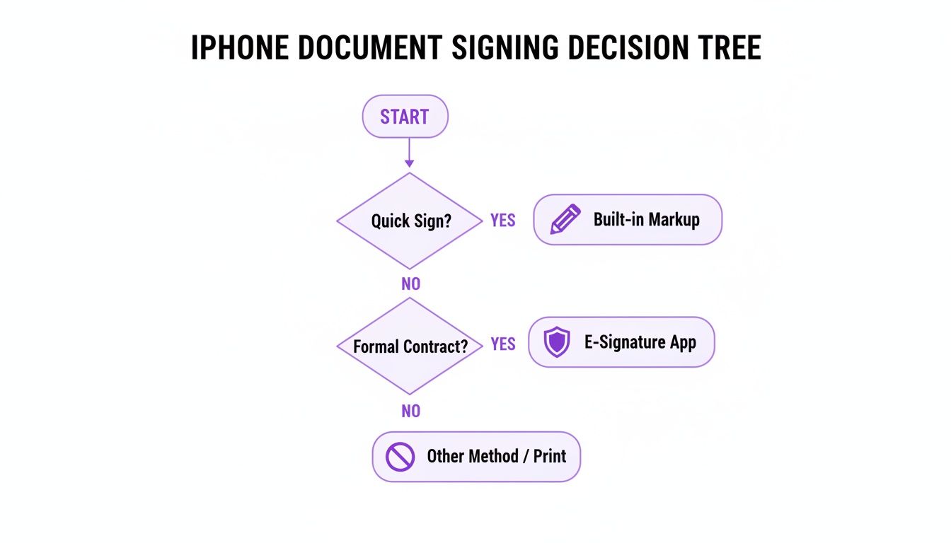 A flowchart detailing methods for signing documents on an iPhone, based on quick or formal needs.