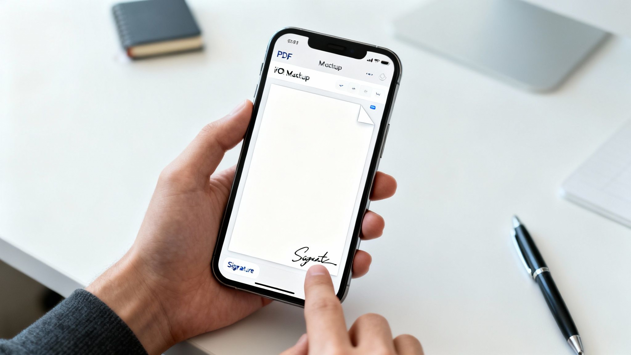 Person's hands signing a PDF document digitally on an iPhone screen at a desk.