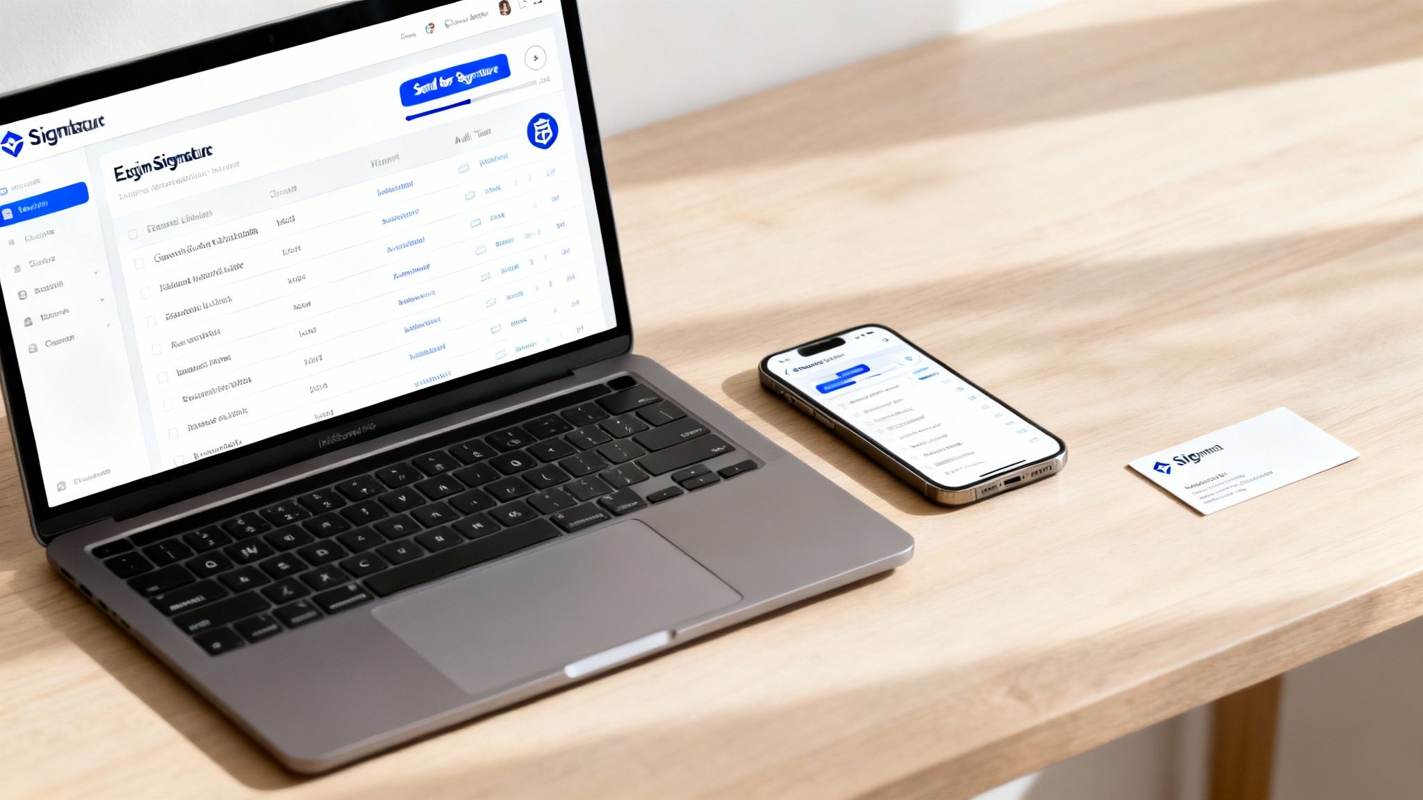 An open laptop displays a digital signature platform next to a smartphone and a business card.