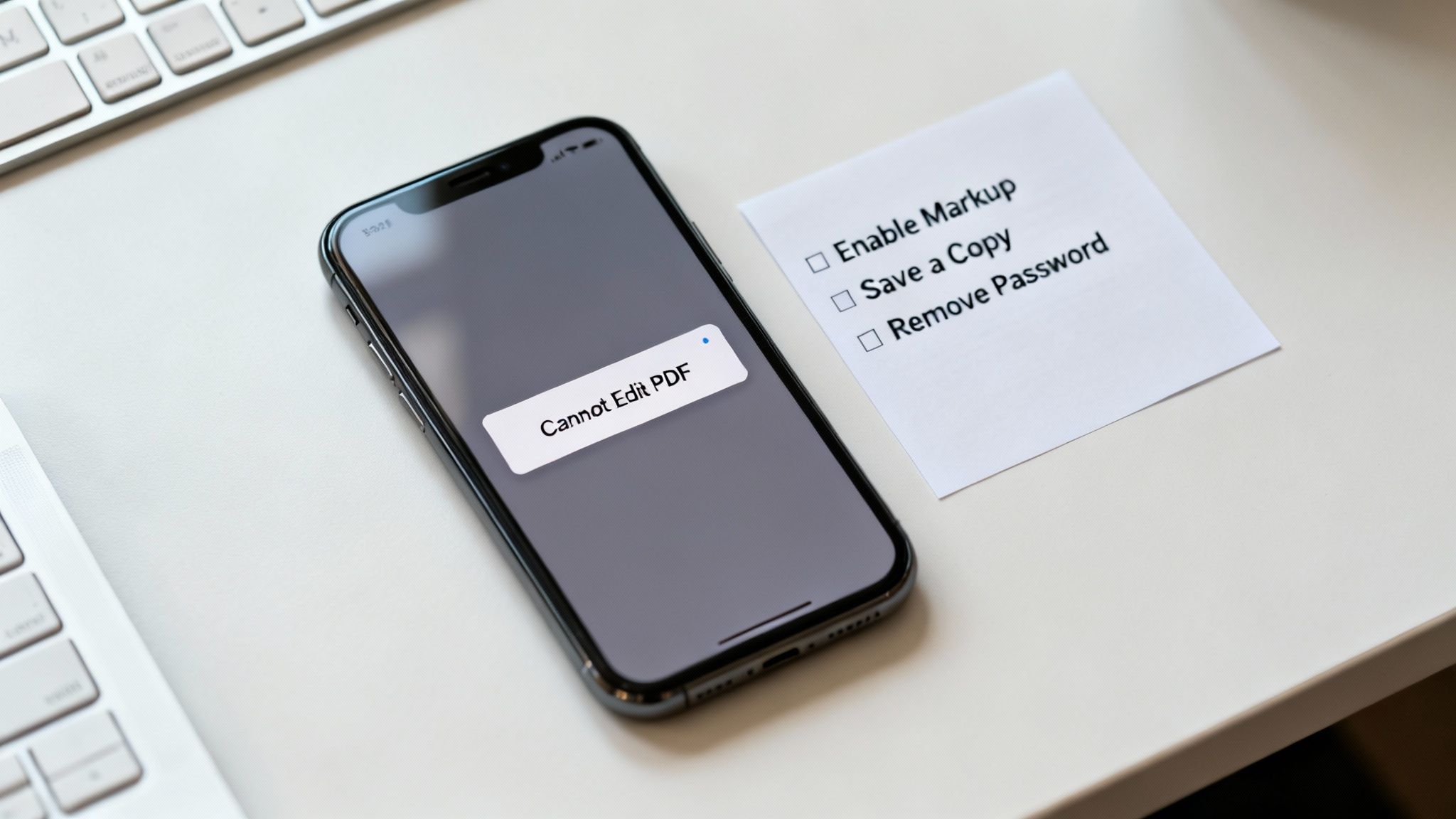 An iPhone shows a 'Cannot Edit PDF' message next to a checklist for PDF options.