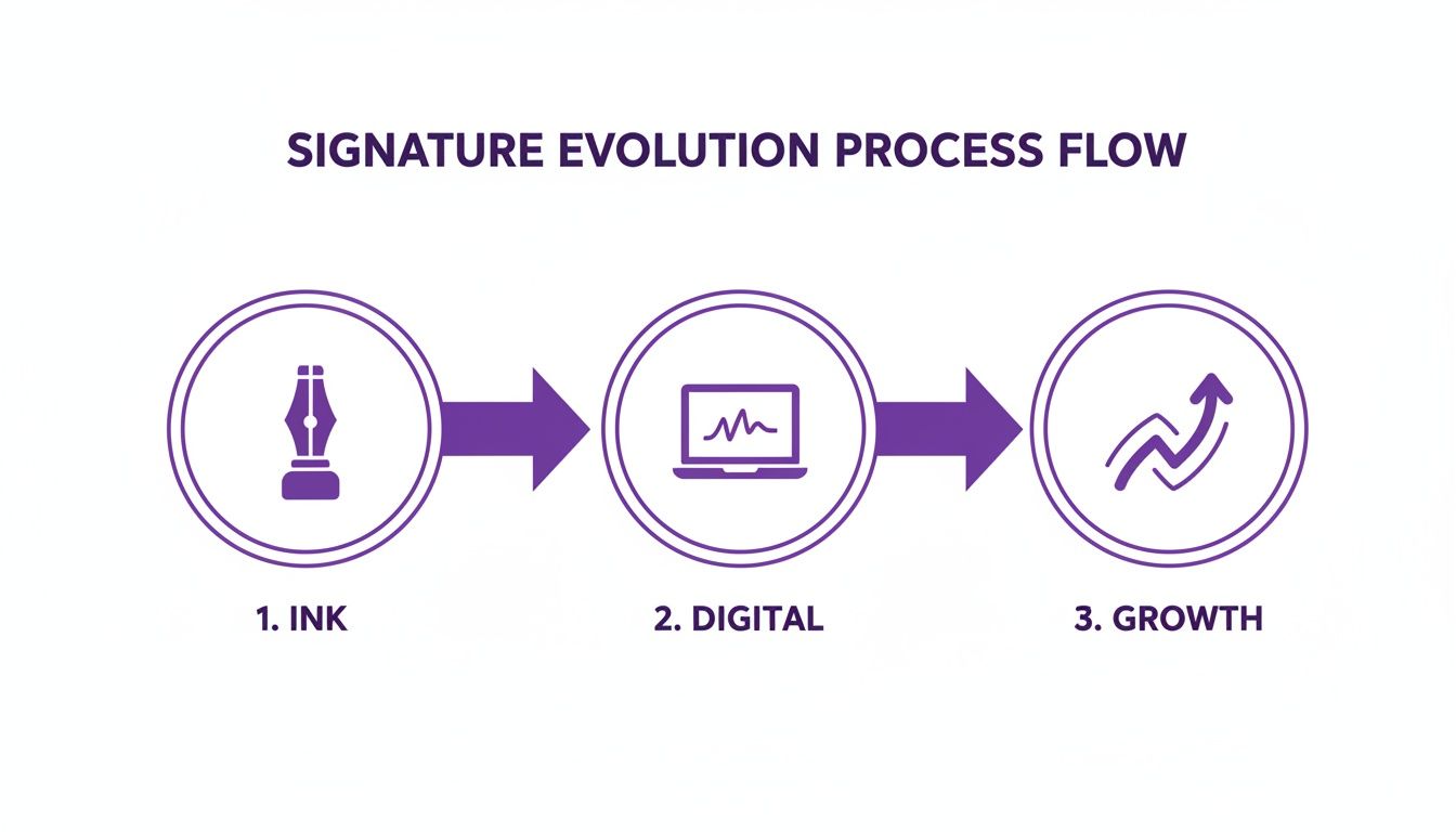 Process flow illustrating signature evolution from traditional ink to digital, leading to growth.