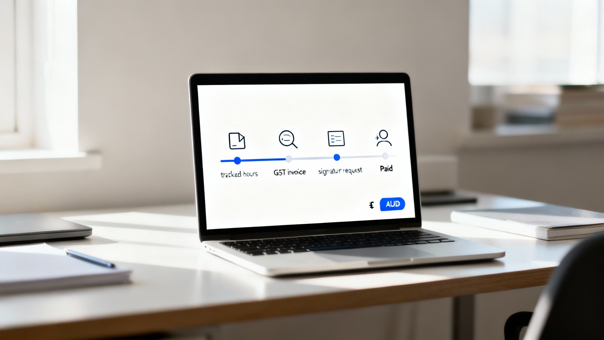 Laptop screen displaying a progress bar for a digital billing and payment workflow.