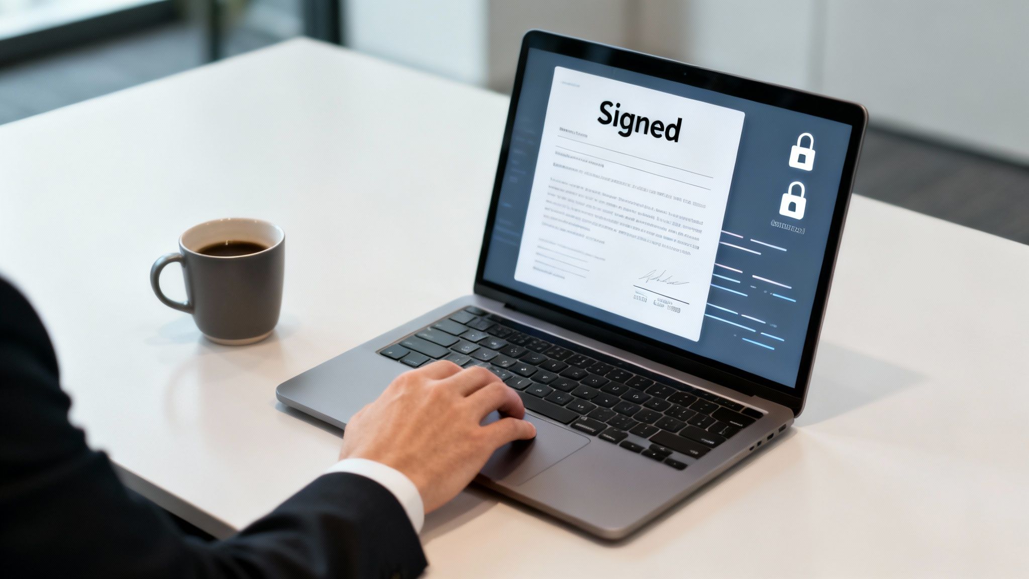 Man electronically signing a document on a laptop screen with a coffee mug nearby.