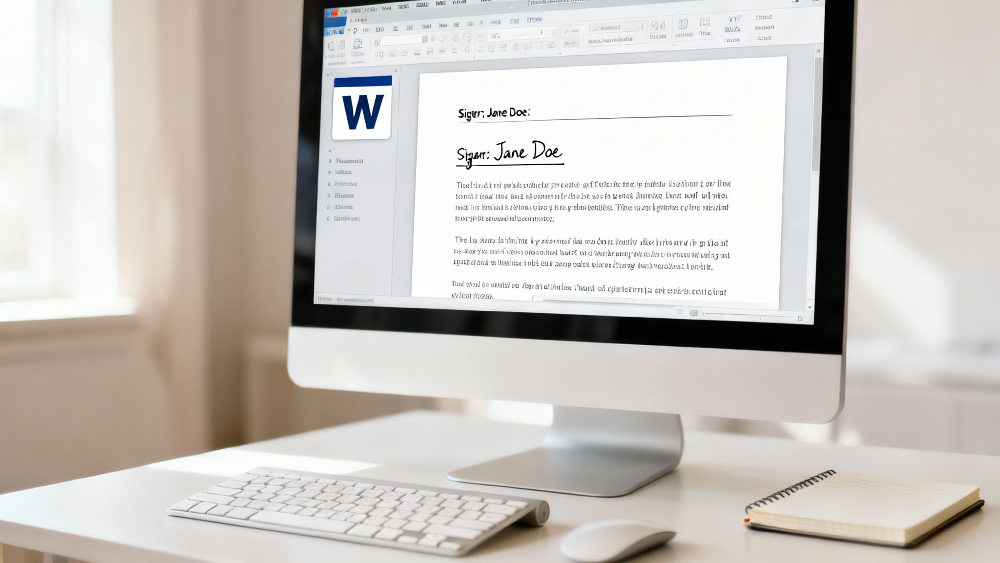 A computer monitor displays a Microsoft Word document with an electronic signature for Jane Doe.