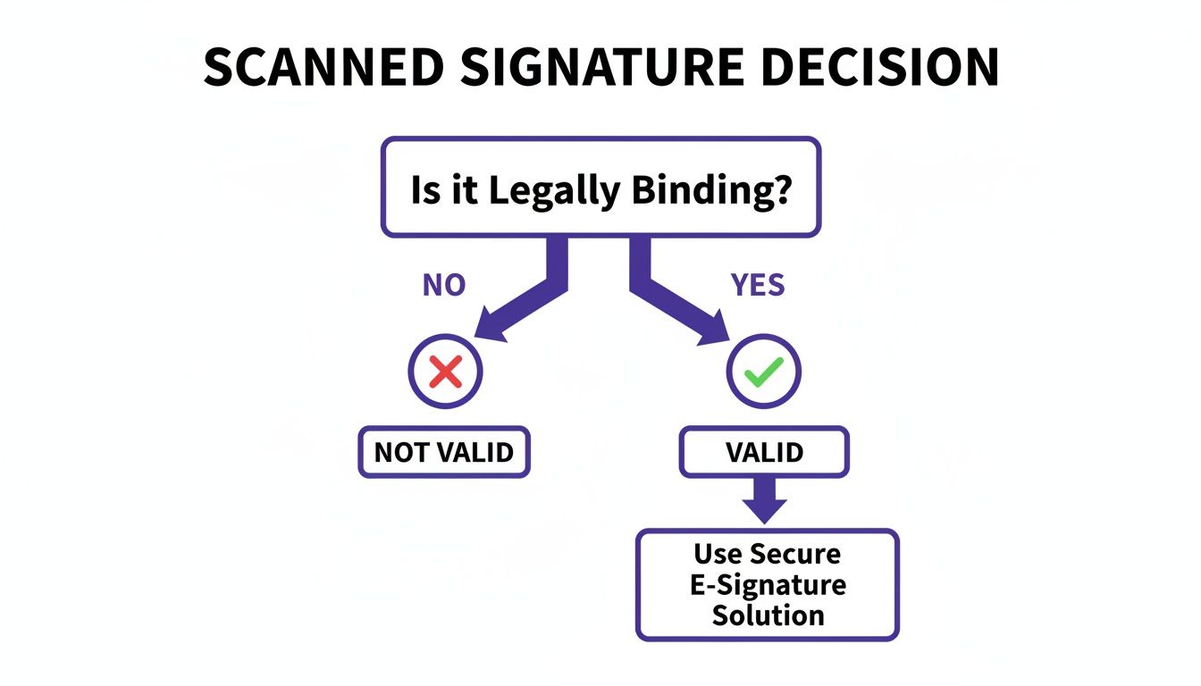 Flowchart outlining scanned signature legal binding decision, leading to valid or invalid outcomes, and recommending secure e-signature solutions.